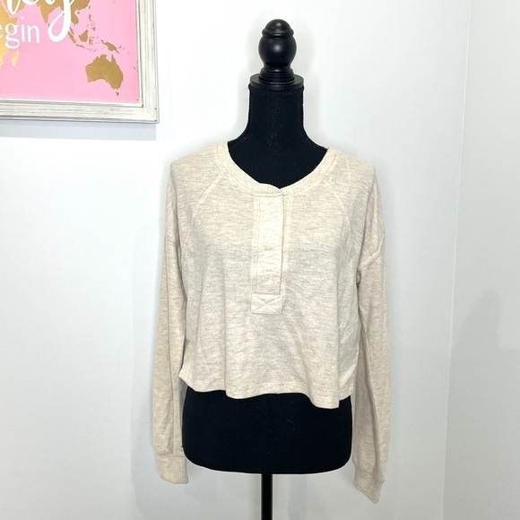 BP Long Sleeve Crop Henley in Beige Oatmeal Light Heather - Picture 1 of 6